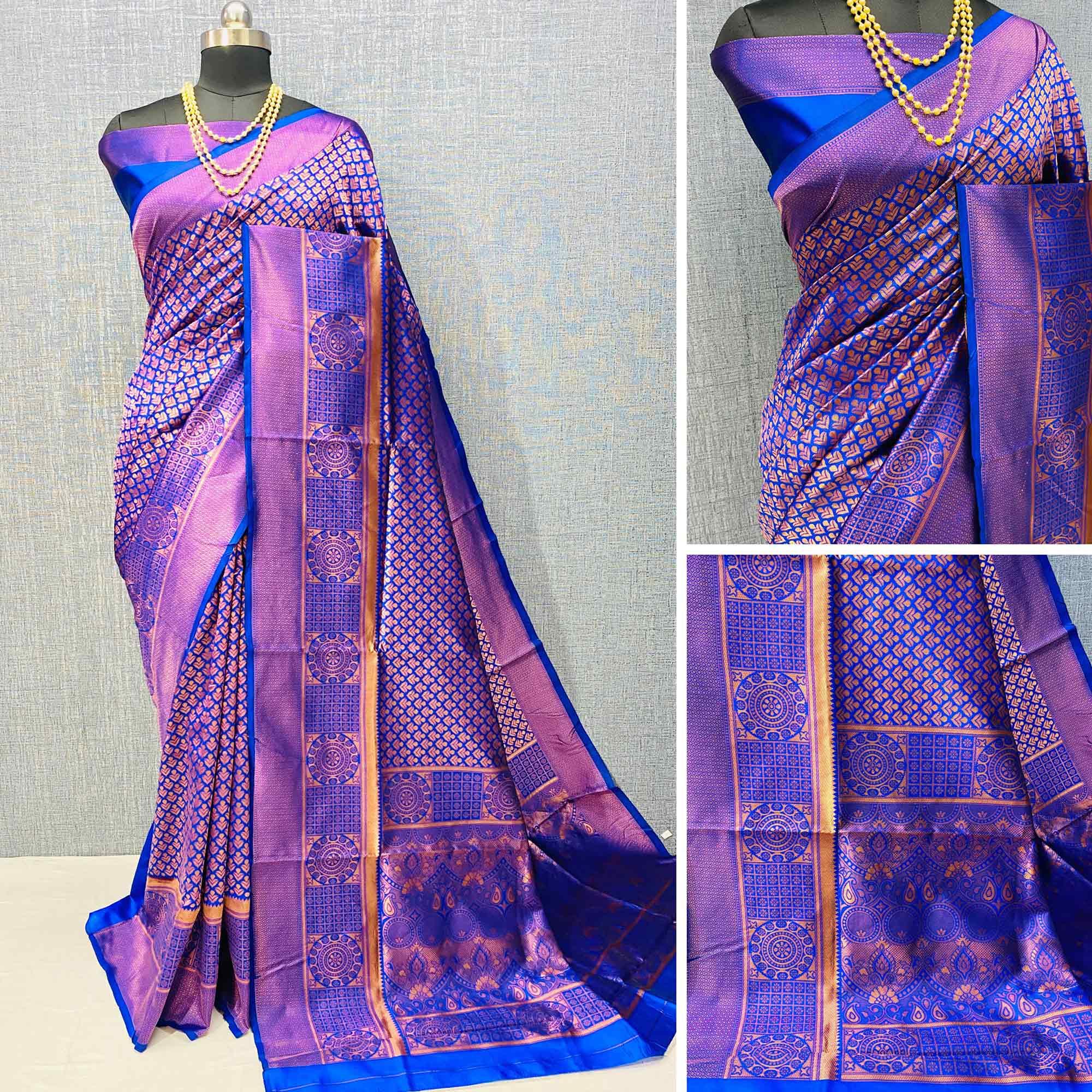 Blue & Golden Woven Banarasi Silk Saree - Peachmode