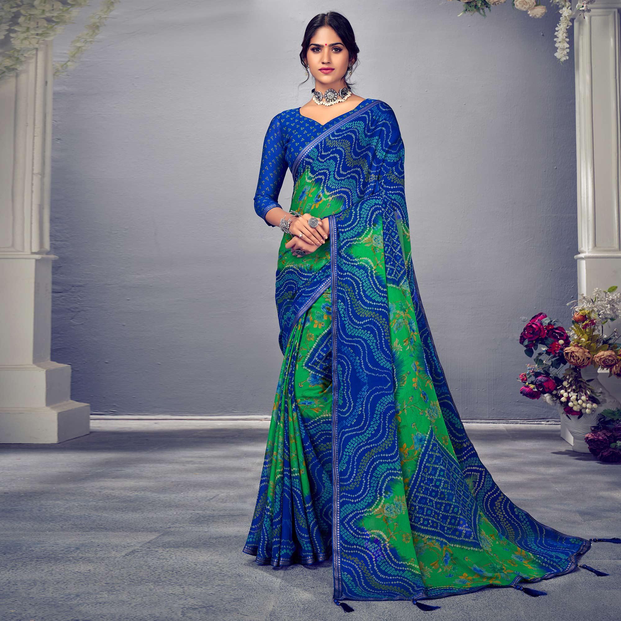 Blue & Green Bandhani Printed Chiffon Saree With Tassels - Peachmode