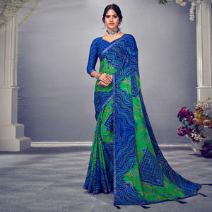 Blue & Green Bandhani Printed Chiffon Saree With Tassels - Peachmode