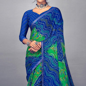 Blue & Green Bandhani Printed Chiffon Saree With Tassels - Peachmode