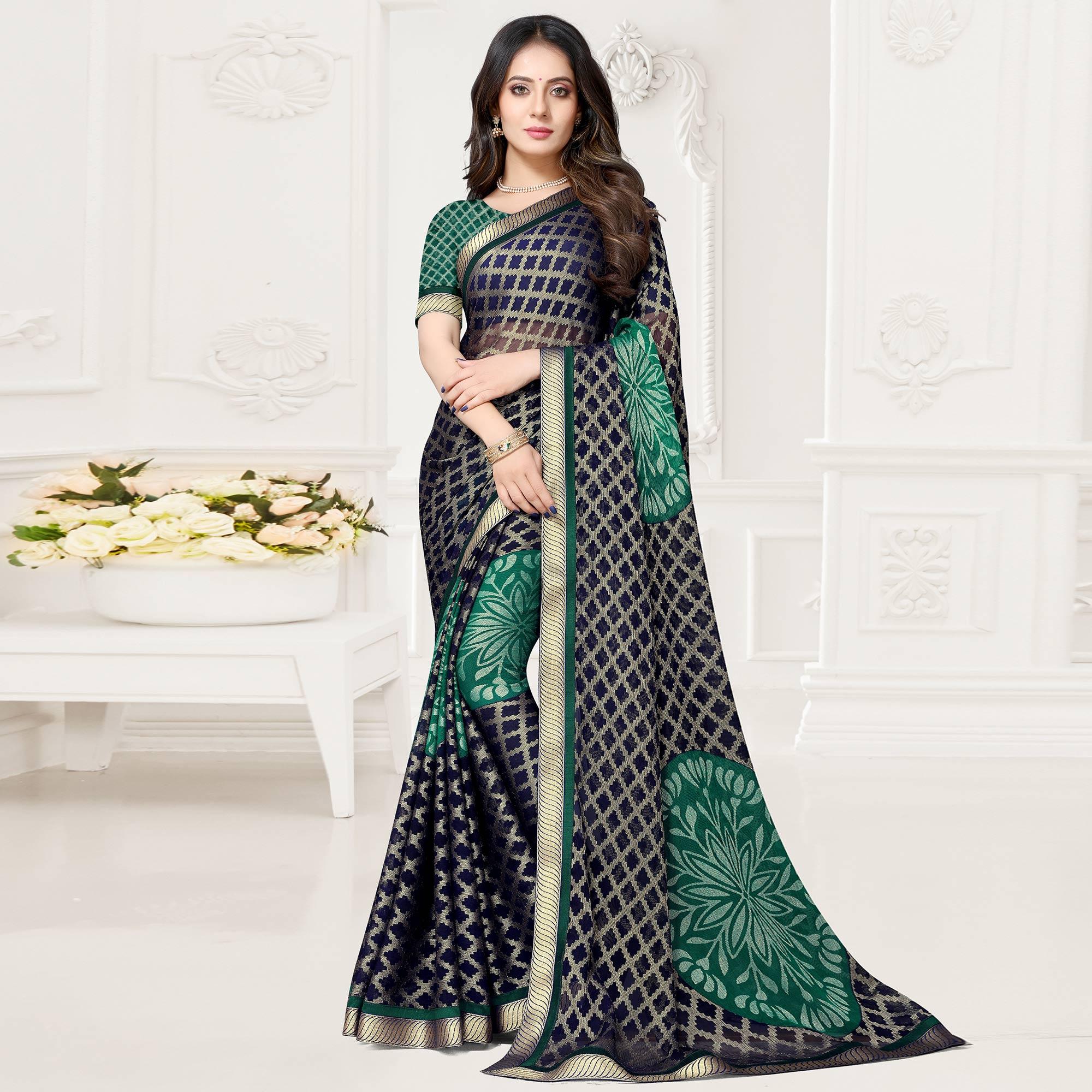 Blue & Green Festive Wear Checks Printed Chiffon Brasso Saree - Peachmode