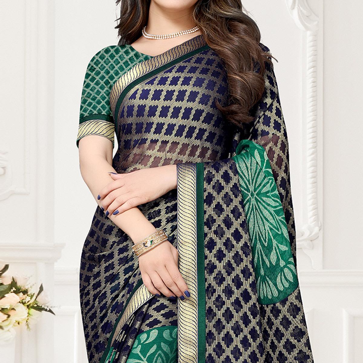 Blue & Green Festive Wear Checks Printed Chiffon Brasso Saree - Peachmode