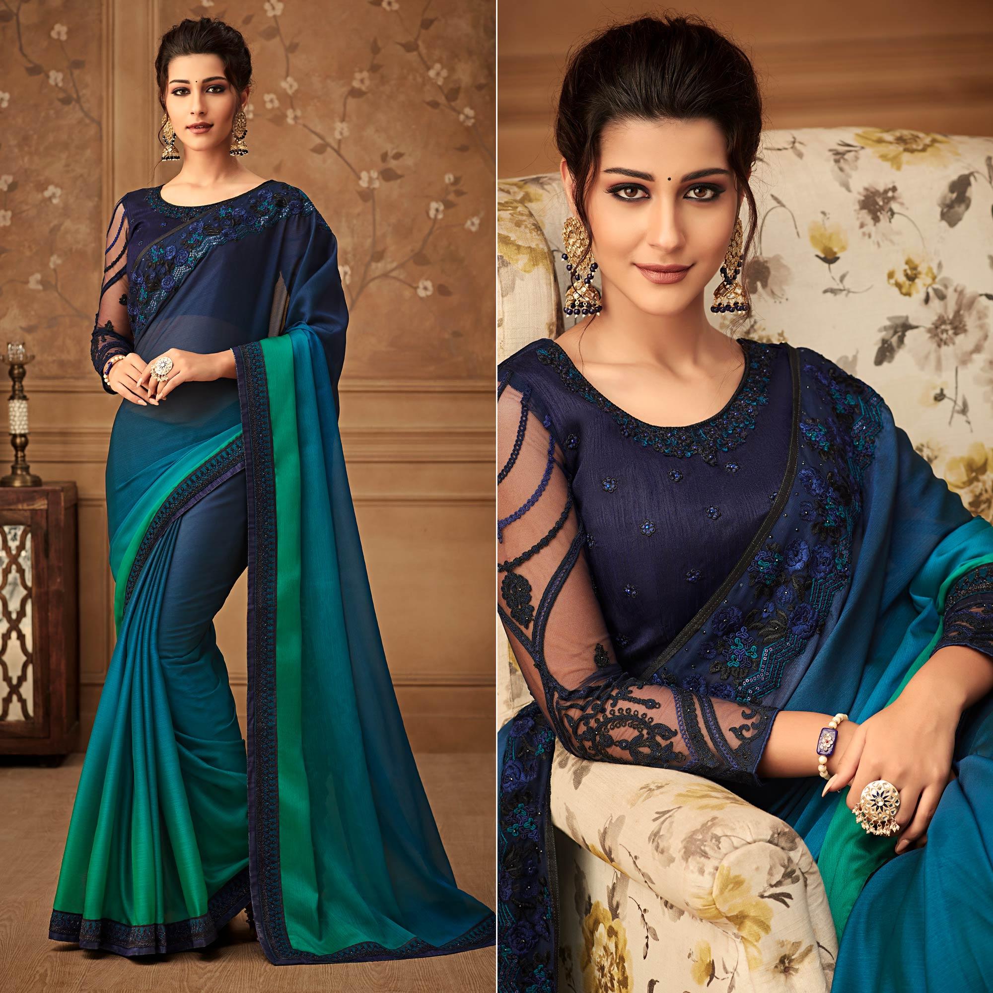 Blue & Green Floral Sequence Embroidered Chiffon Saree - Peachmode
