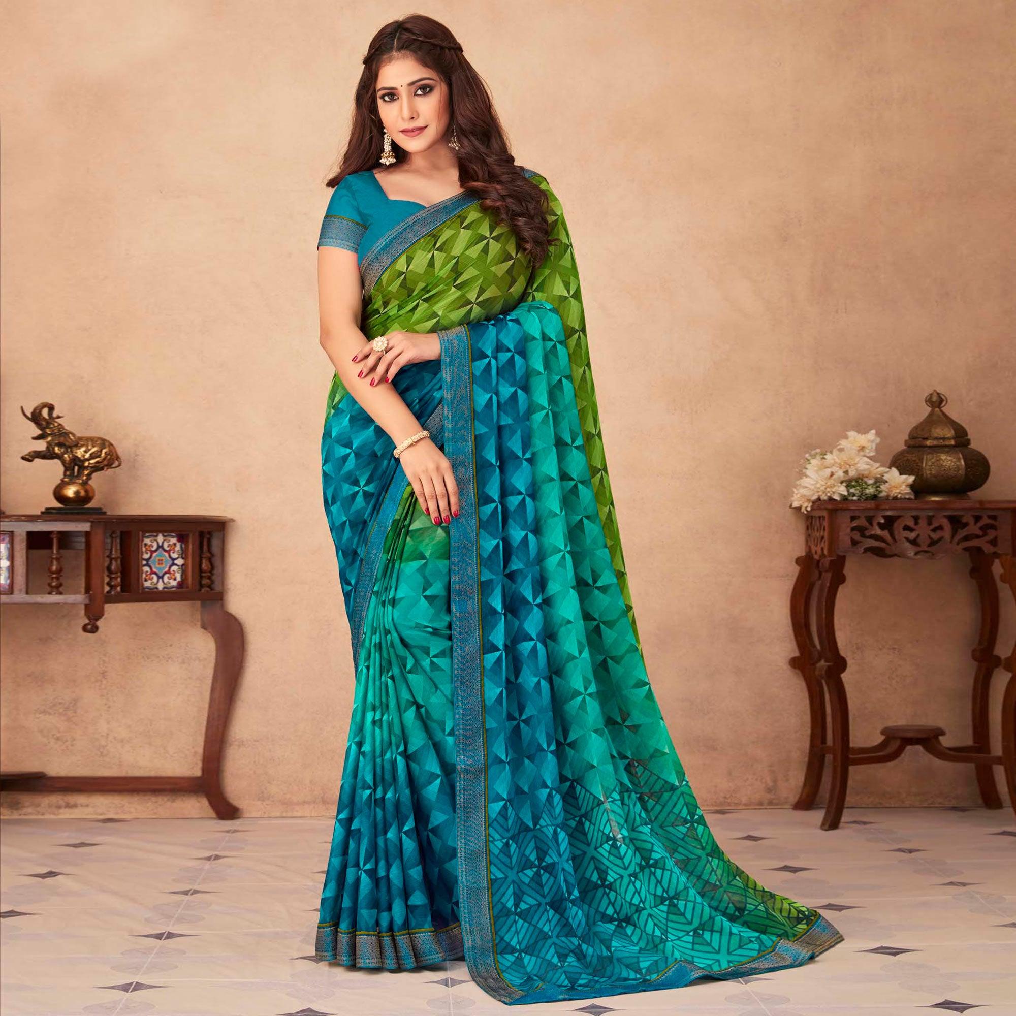 Blue & Green Geometric Printed Chiffon Saree - Peachmode