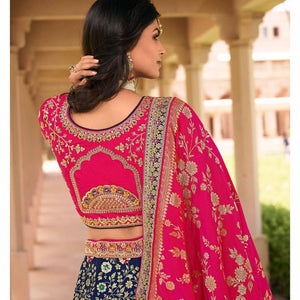 Blue & Pink Wedding Wear Floral Embroidered With Woven Banarasi Silk Lehenga Choli - Peachmode