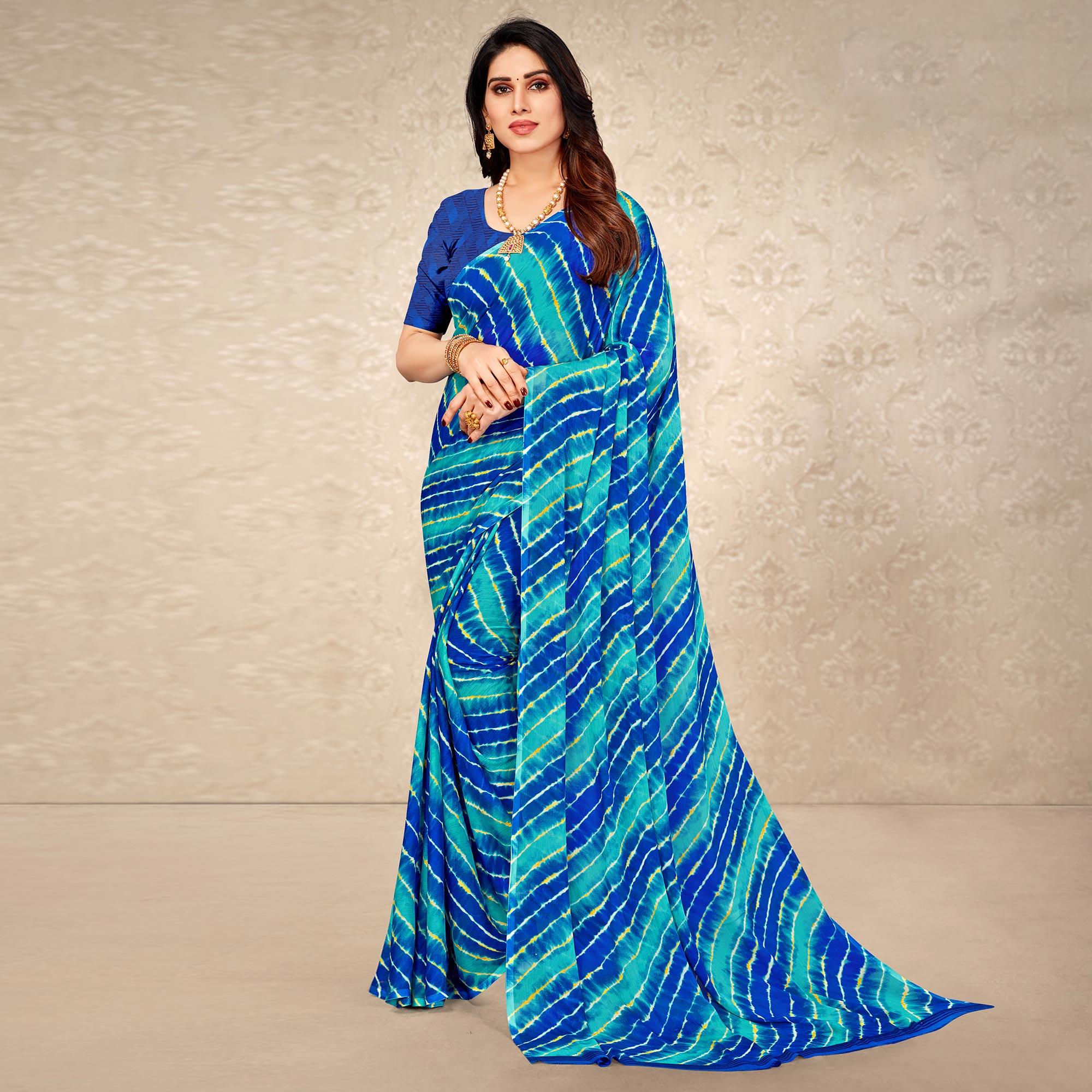 Blue & Sky Blue Printed Chiffon Saree - Peachmode