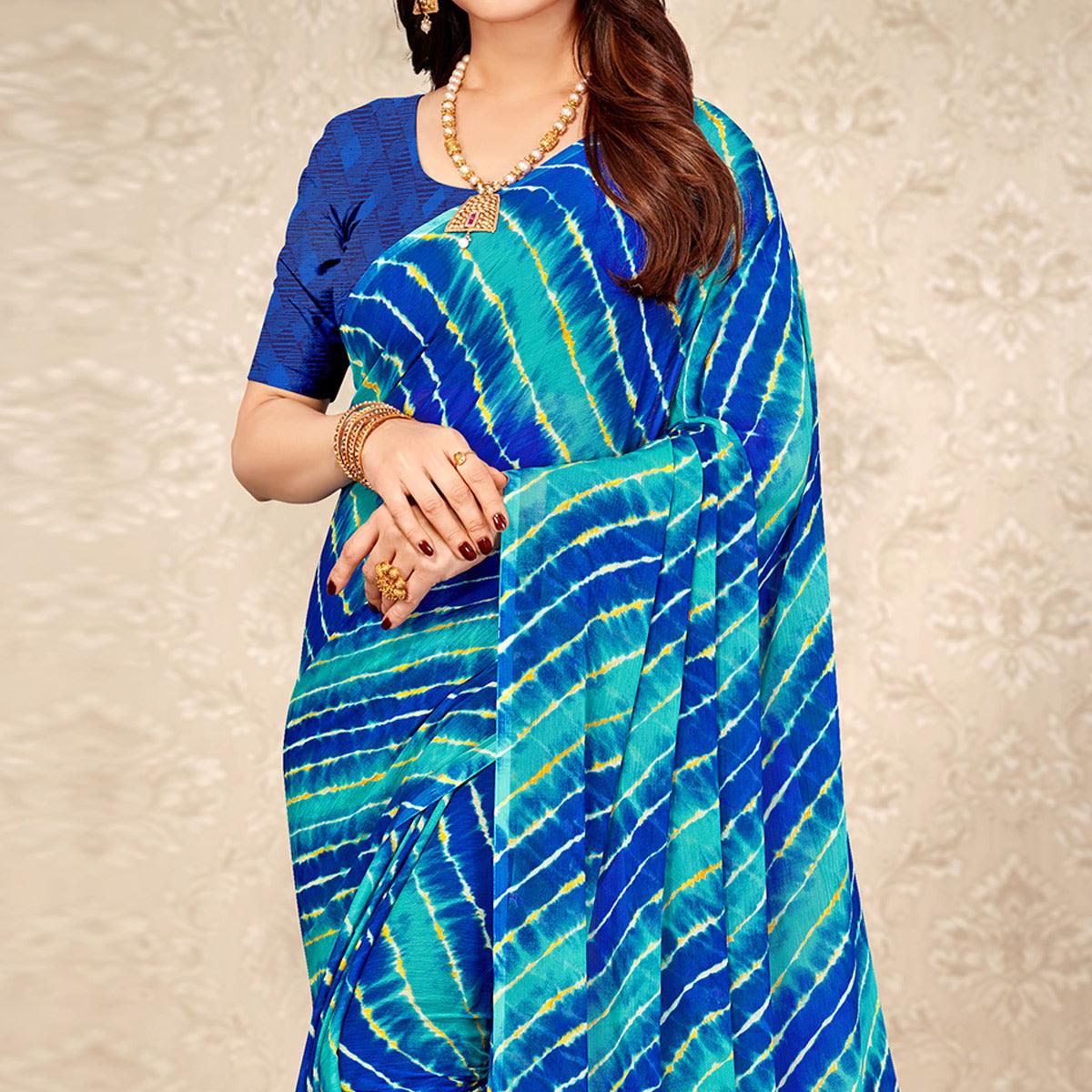 Blue & Sky Blue Printed Chiffon Saree - Peachmode