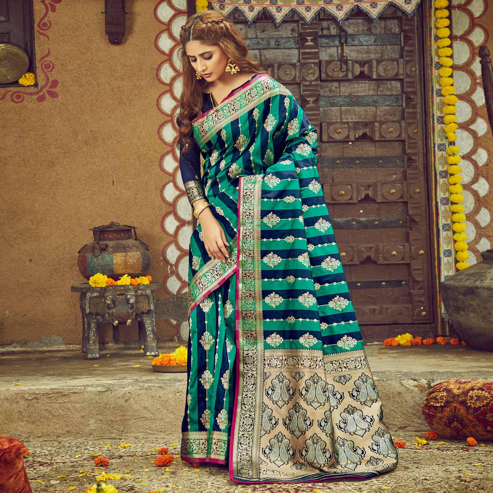 Blue & Turquoise Festive Wear Woven Handloom Silk Saree - Peachmode