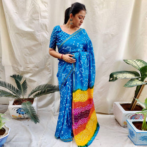Blue Bandhani Printed Art Silk Saree - Peachmode