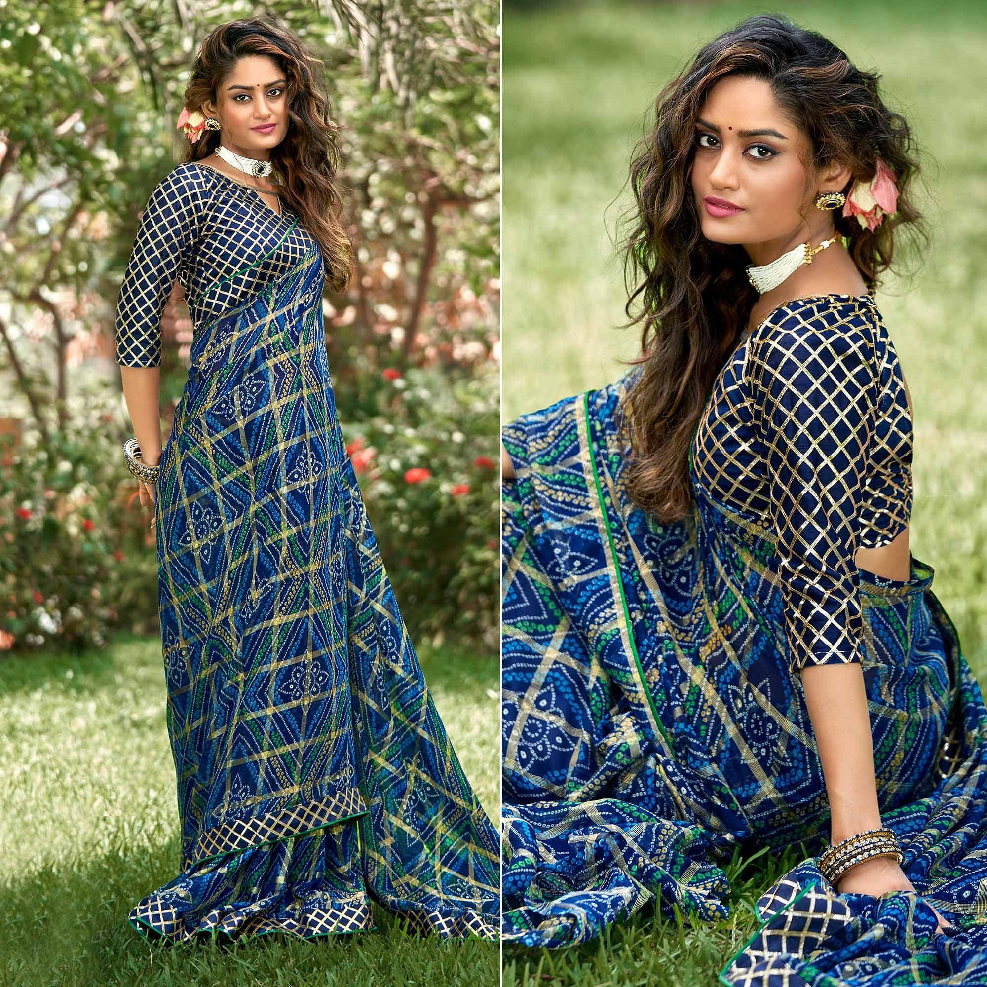 Blue Bandhani Printed-Checks Weaving Chiffon Saree - Peachmode