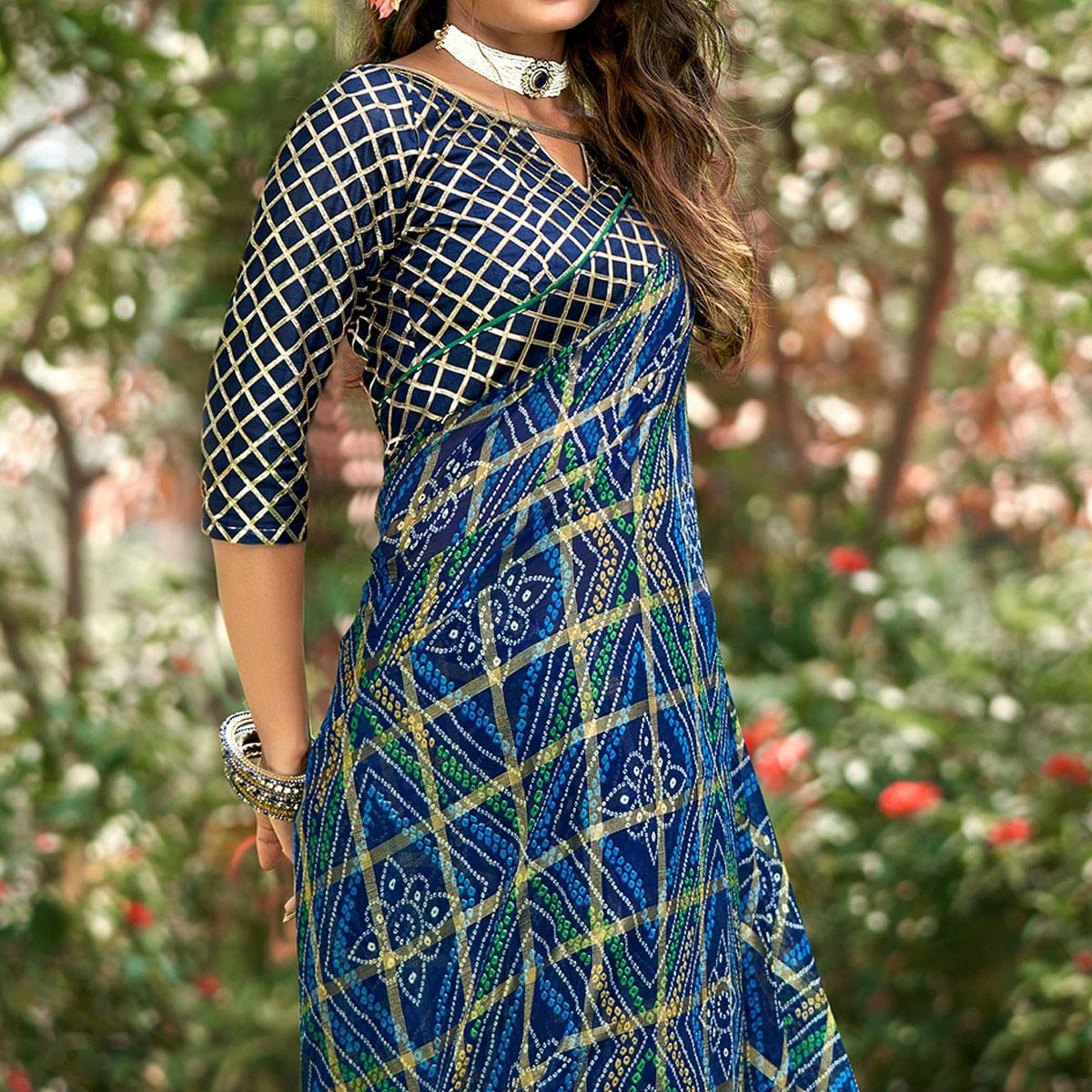 Blue Bandhani Printed-Checks Weaving Chiffon Saree - Peachmode