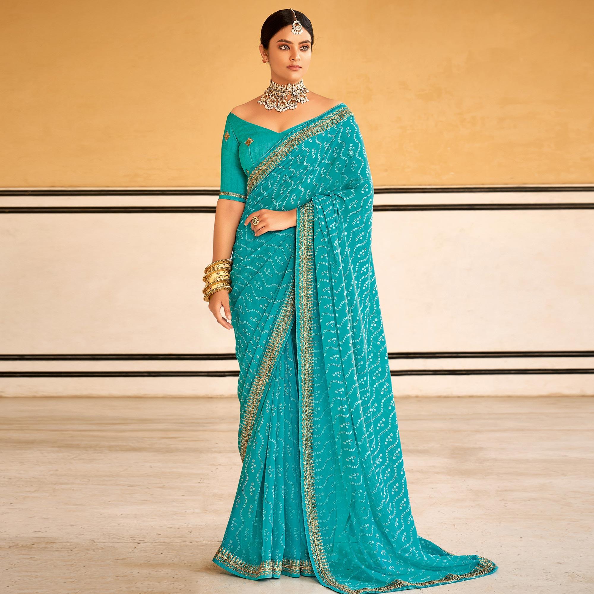 Blue Bandhani Printed Georgette Saree - Peachmode