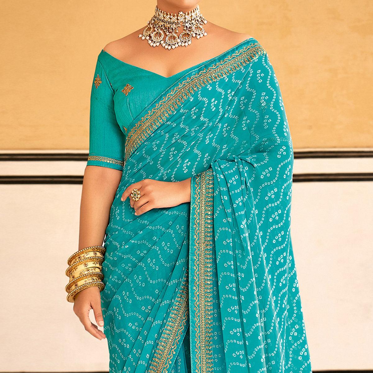 Blue Bandhani Printed Georgette Saree - Peachmode