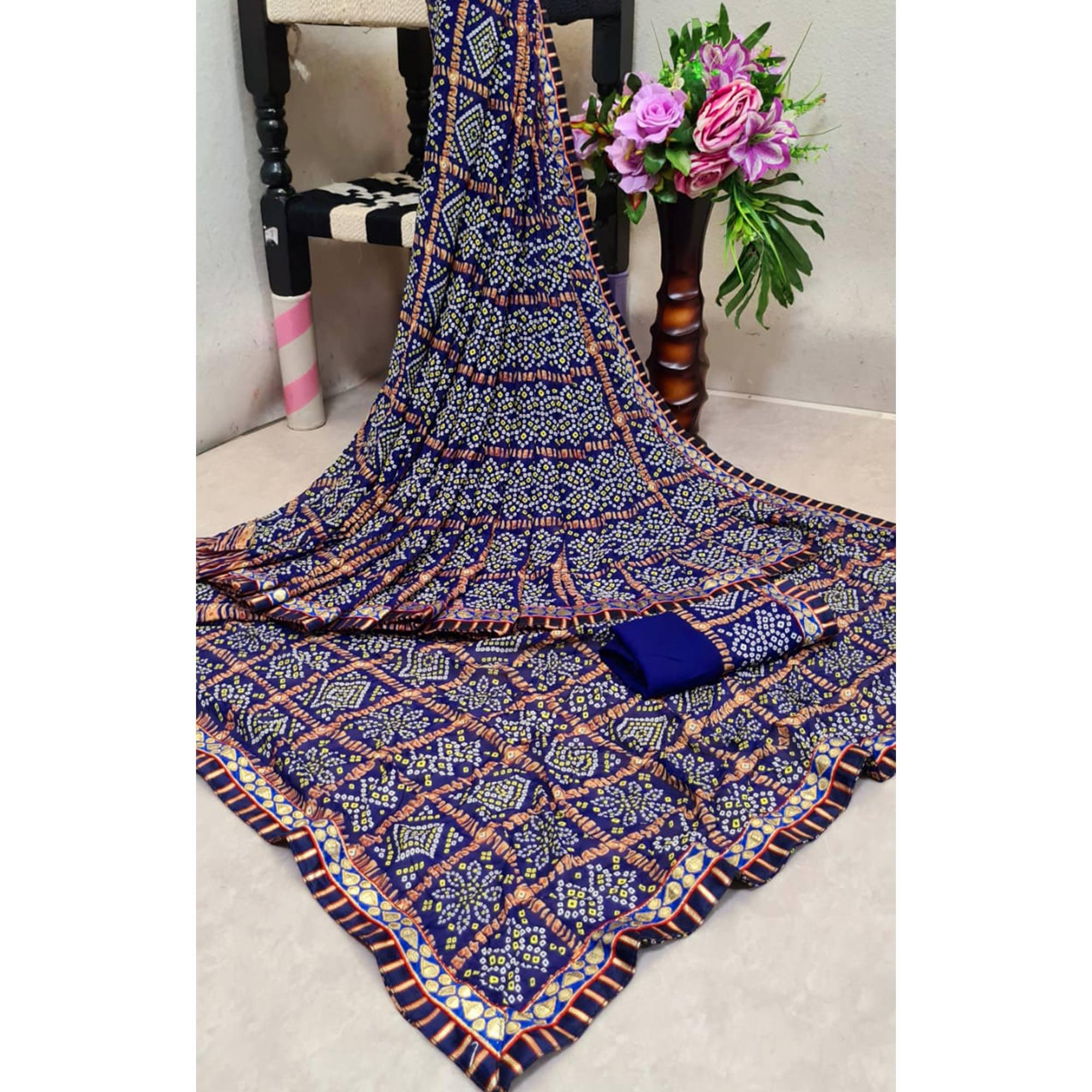 Blue Bandhani Printed Georgette Saree - Peachmode
