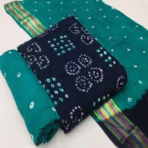 Blue Bandhani Printed Pure Cotton Dress Material - Peachmode