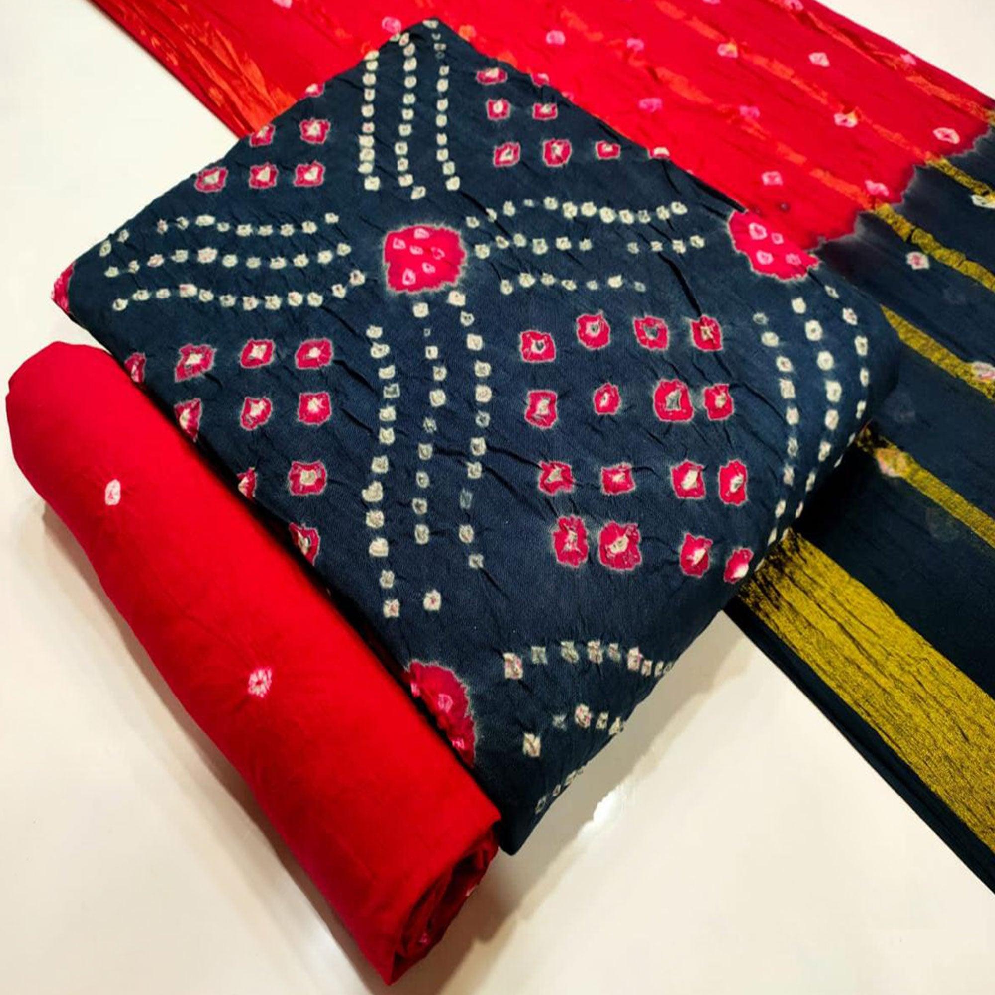 Blue Bandhani Printed Pure Cotton Dress Material - Peachmode