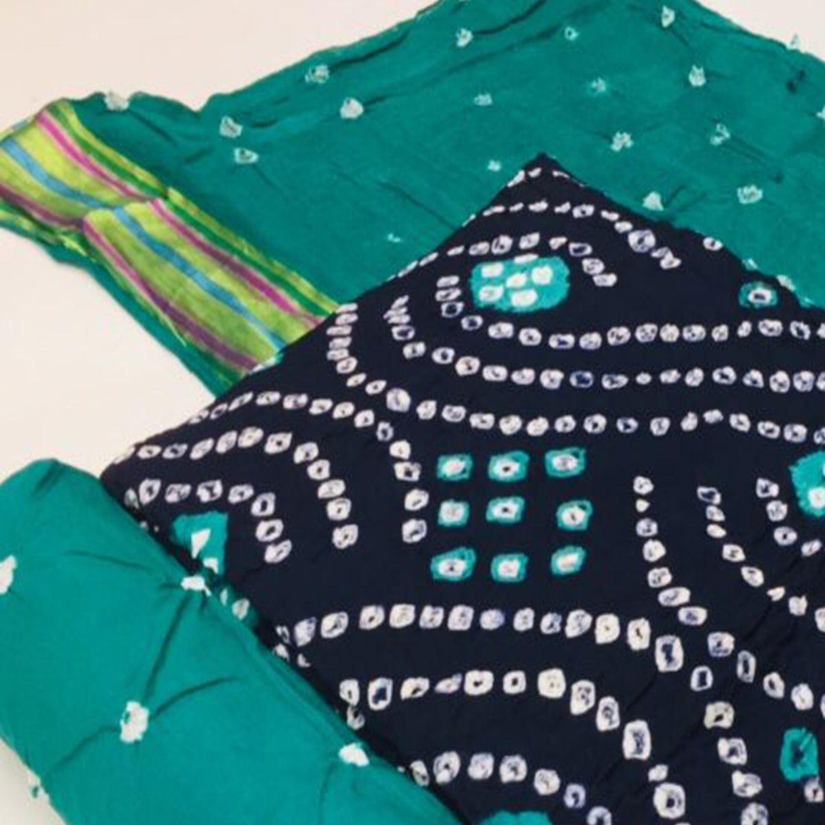 Blue Bandhani Printed Pure Cotton Dress Material - Peachmode