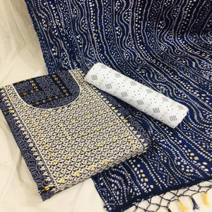 Blue Bandhani Printed With Embellished Cotton Blend Dress Material - Peachmode