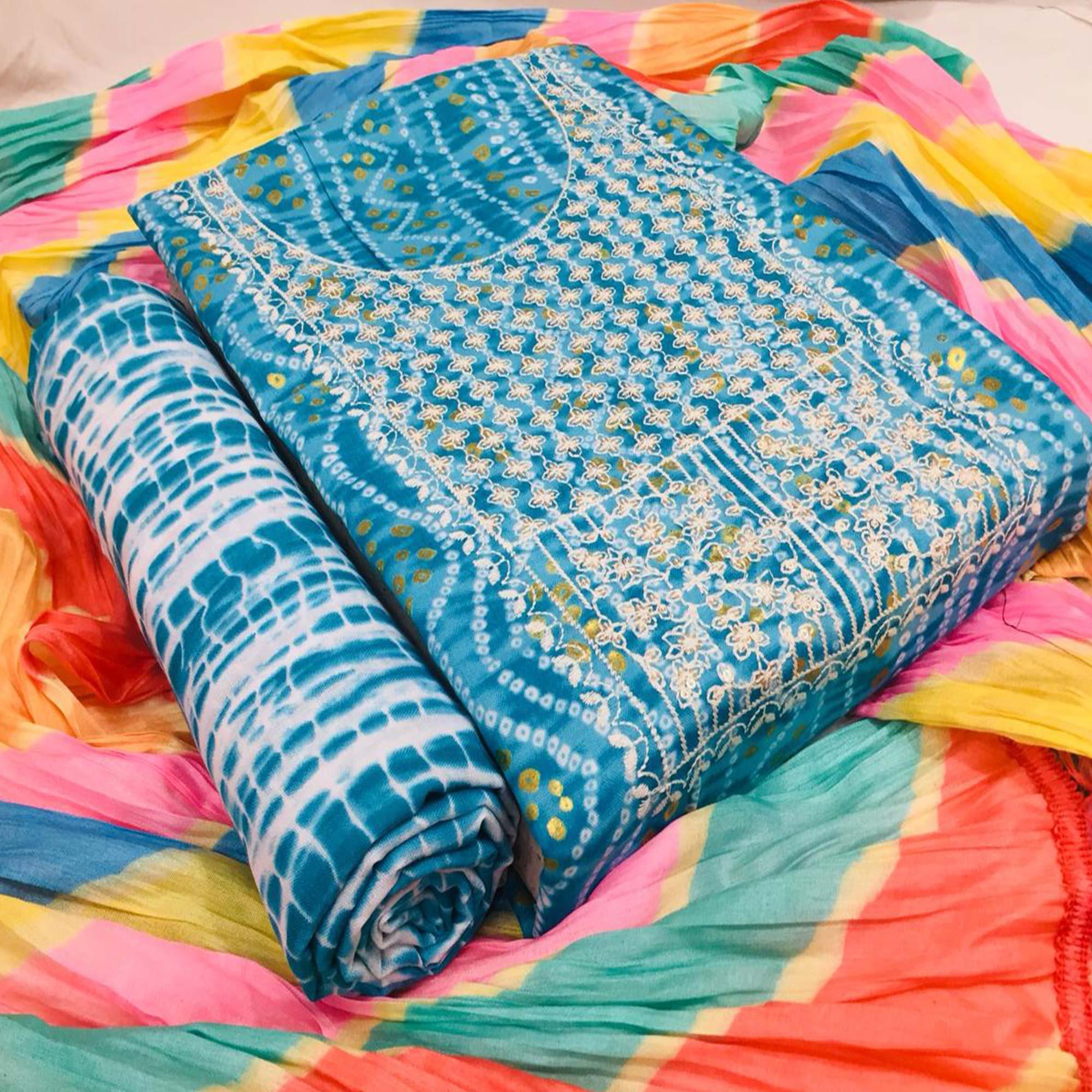 Blue Bandhani Printed With Embellished Cotton Blend Dress Material - Peachmode