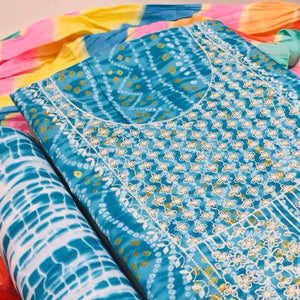 Blue Bandhani Printed With Embellished Cotton Blend Dress Material - Peachmode