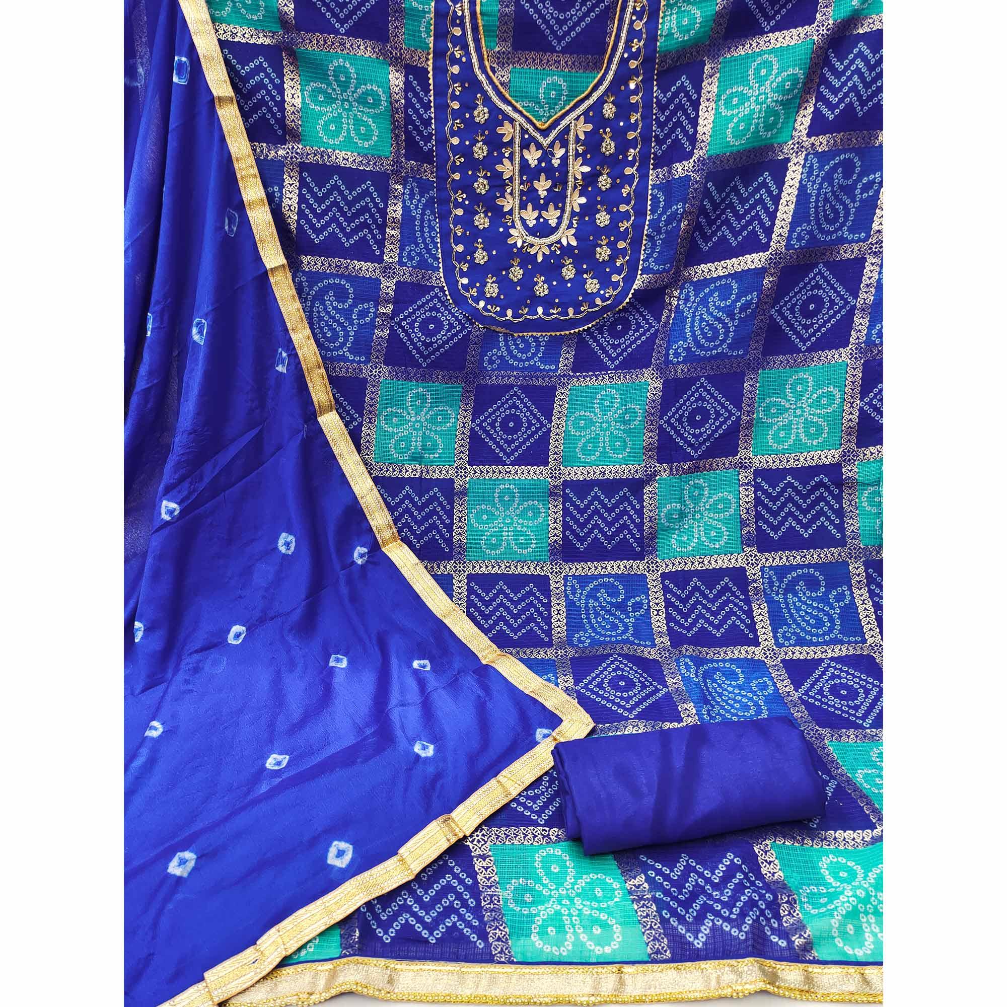 Blue Bandhani Printed With Embellished Khaadi Dress Material - Peachmode