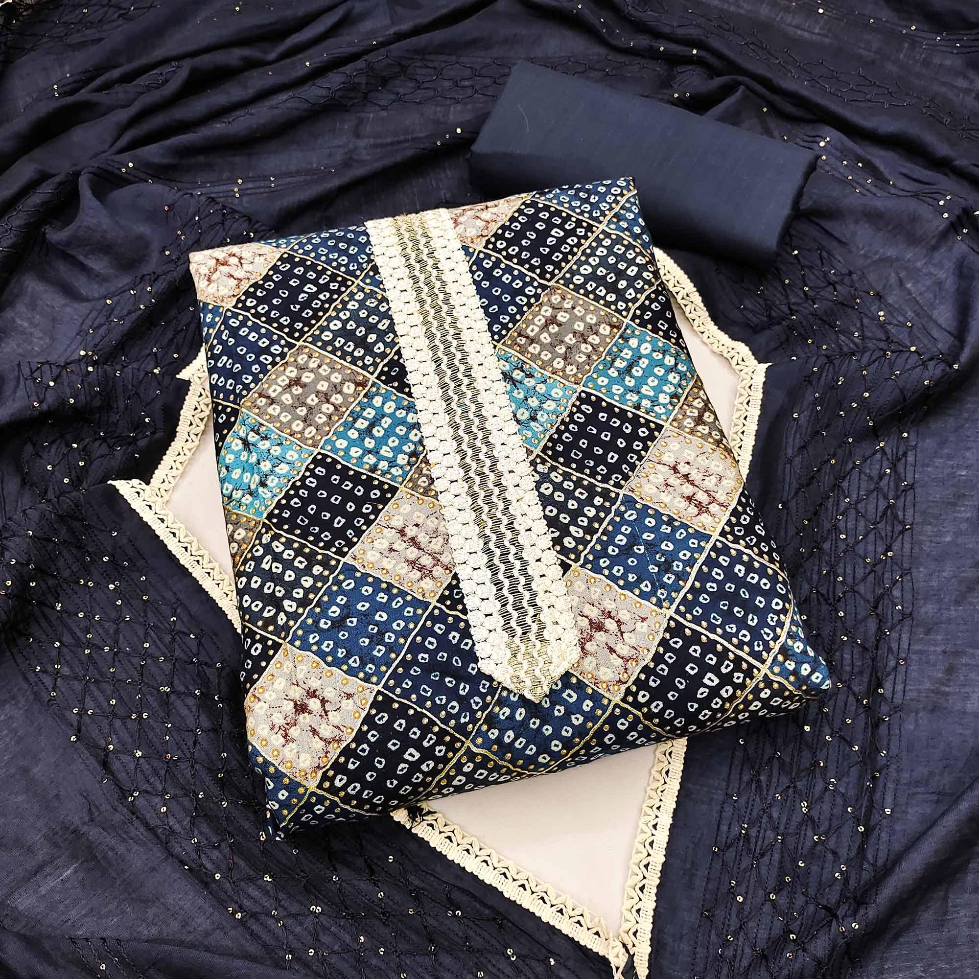 Blue Bandhani Printed With Sequence Work Pure Cotton Dress Material - Peachmode