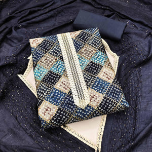 Blue Bandhani Printed With Sequence Work Pure Cotton Dress Material - Peachmode