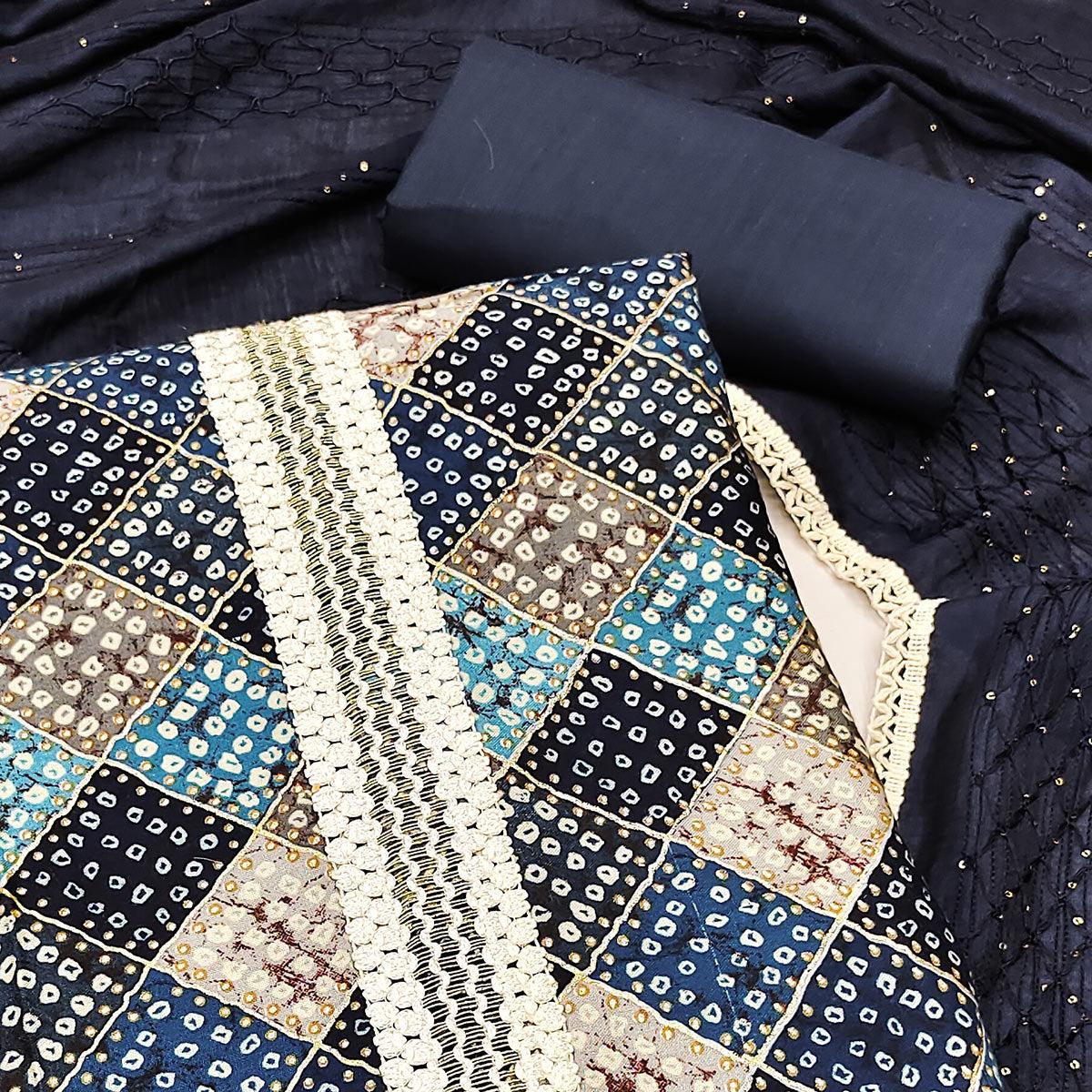 Blue Bandhani Printed With Sequence Work Pure Cotton Dress Material - Peachmode