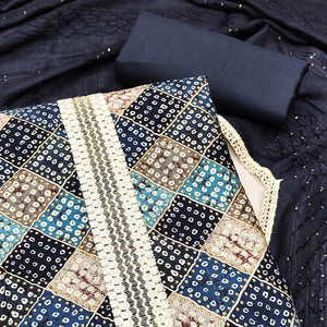 Blue Bandhani Printed With Sequence Work Pure Cotton Dress Material - Peachmode