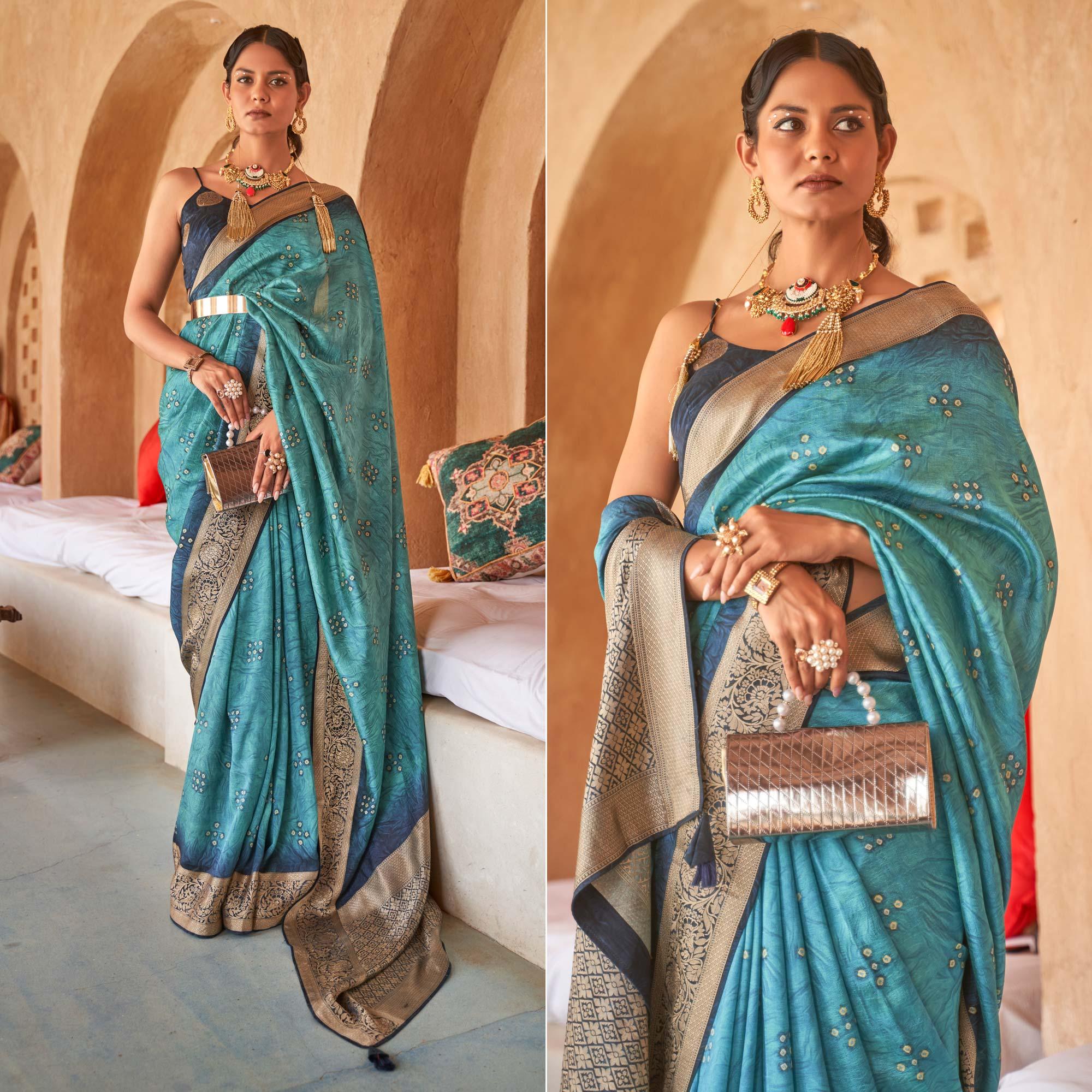 Blue Bandhani Printed With Woven Border Art Silk Saree - Peachmode