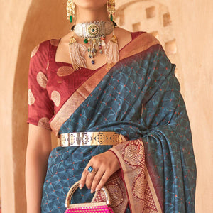 Blue Bandhani Printed With Woven Border Art Silk Saree - Peachmode