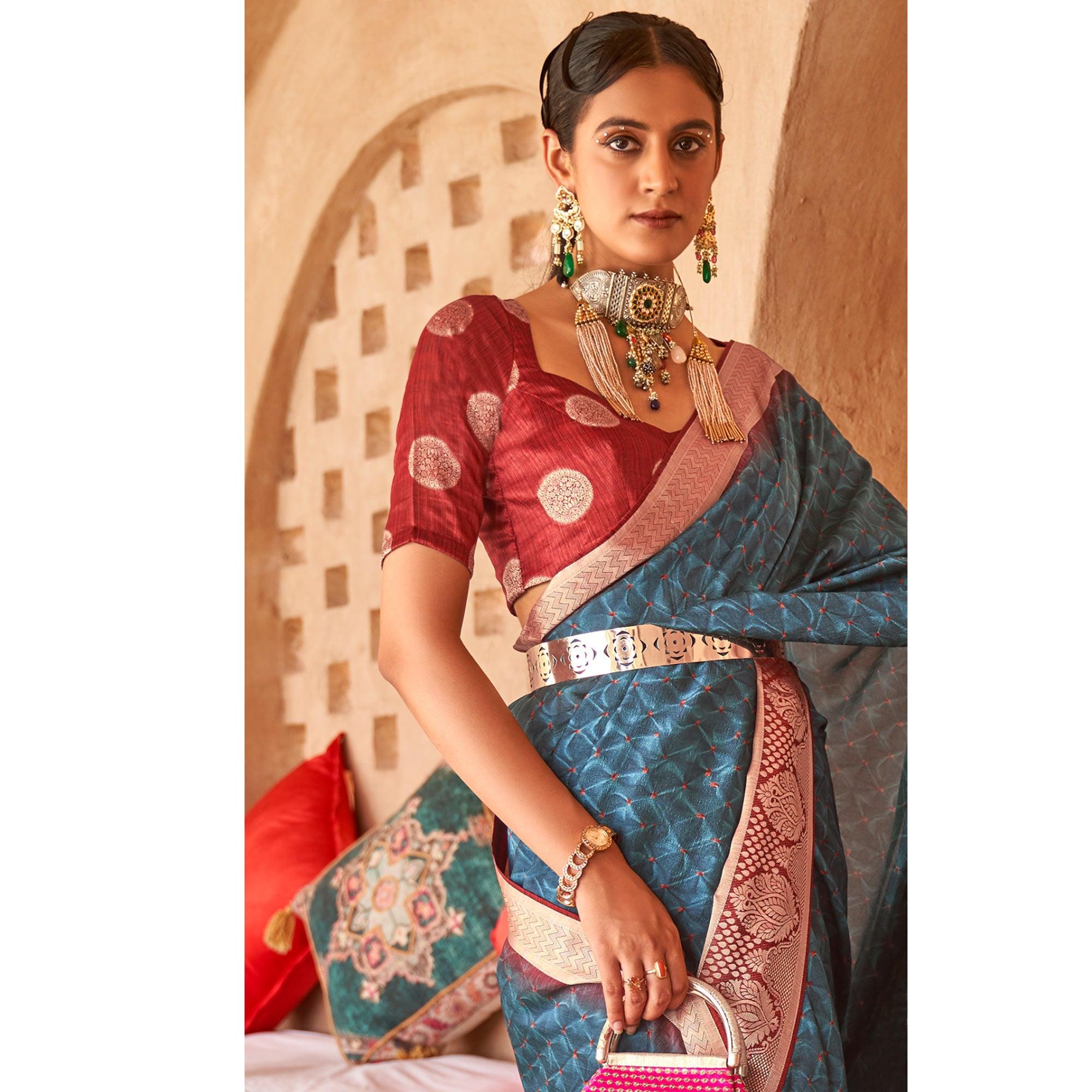 Blue Bandhani Printed With Woven Border Art Silk Saree - Peachmode