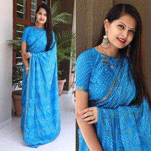 Blue Bandhani Printed With Woven Border Tapetta Silk Saree - Peachmode