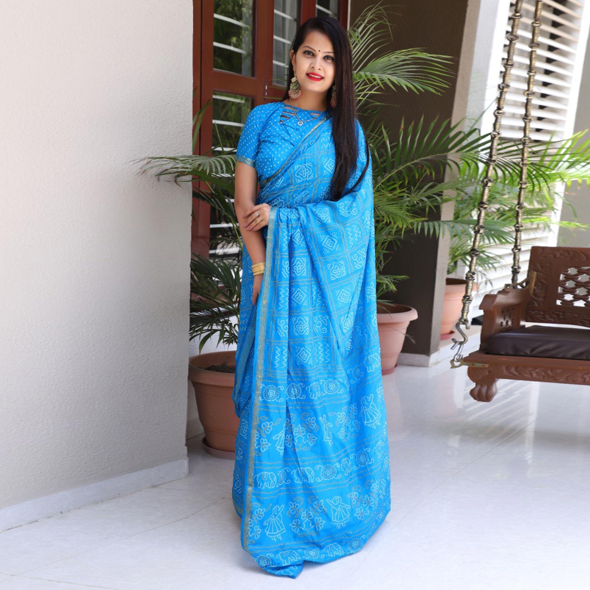 Blue Bandhani Printed With Woven Border Tapetta Silk Saree - Peachmode