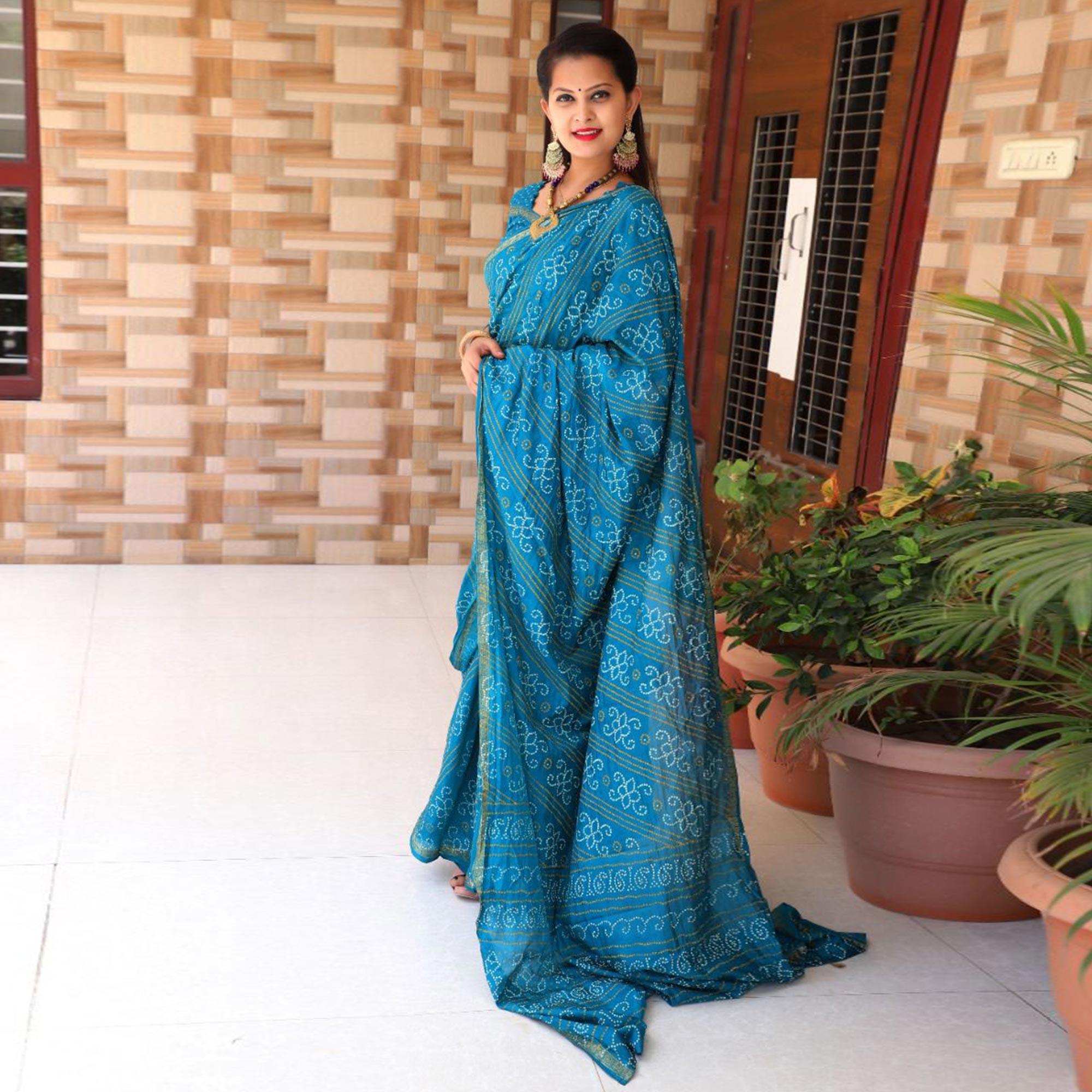Blue Bandhani Printed With Woven Border Tapetta Silk Saree - Peachmode