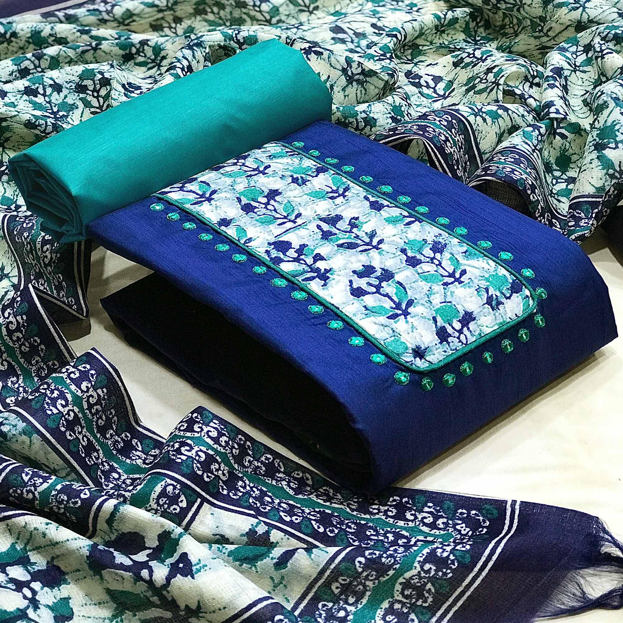 Blue Batik Printed Art Silk Dress Material - Peachmode