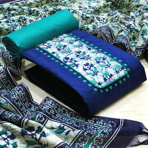 Blue Batik Printed Art Silk Dress Material - Peachmode