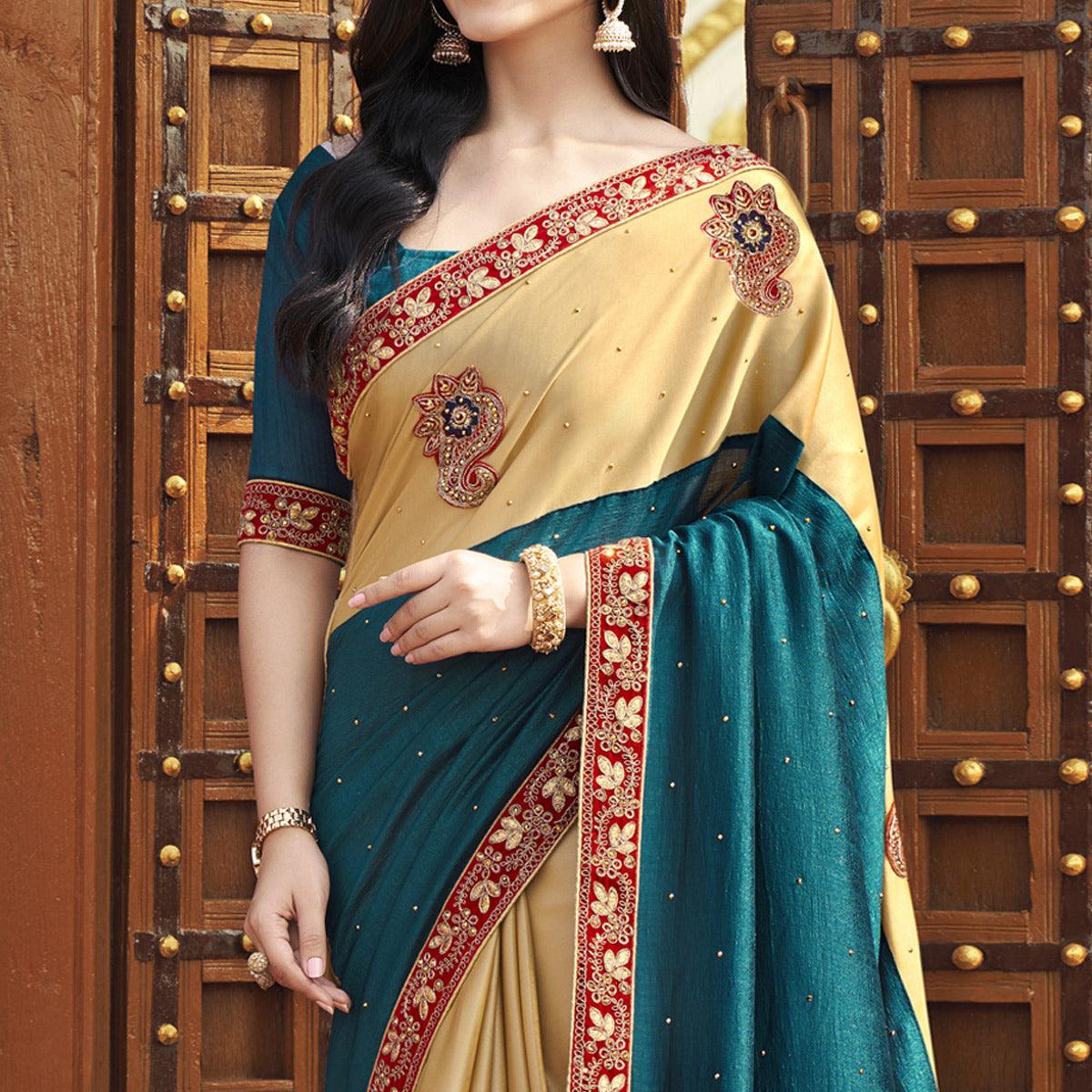 Blue-Beige Embroidered With Embellished Fancy Fabric Half & Half Saree - Peachmode