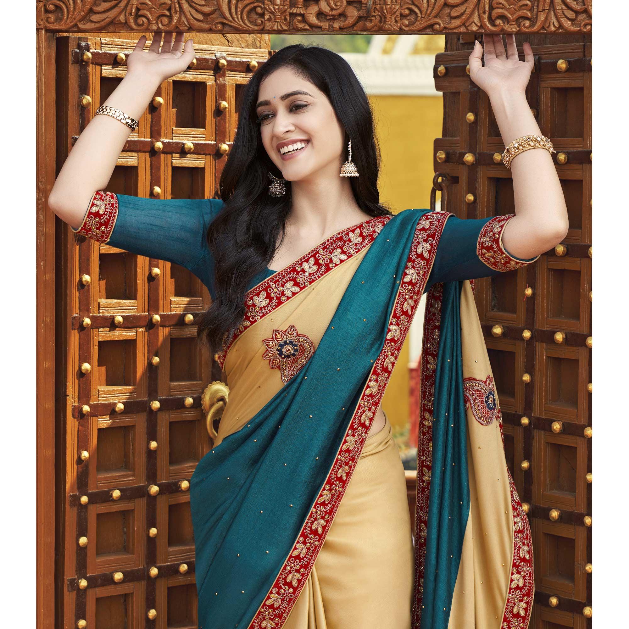 Blue-Beige Embroidered With Embellished Fancy Fabric Half & Half Saree - Peachmode