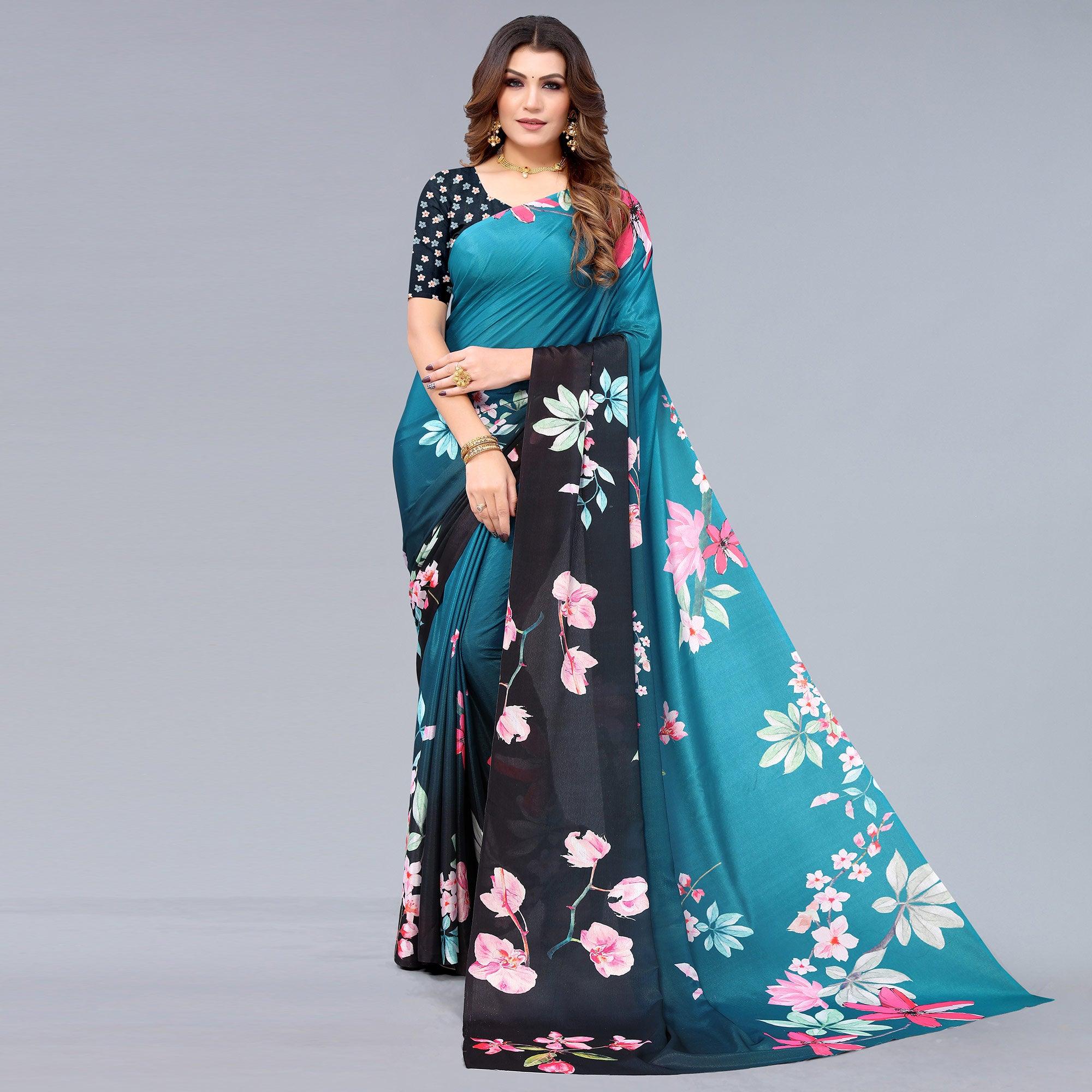 Blue-Black Floral Printed Chiffon Saree - Peachmode