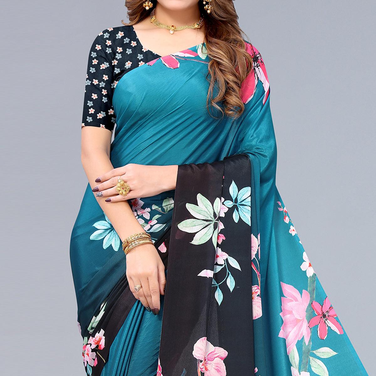 Blue-Black Floral Printed Chiffon Saree - Peachmode
