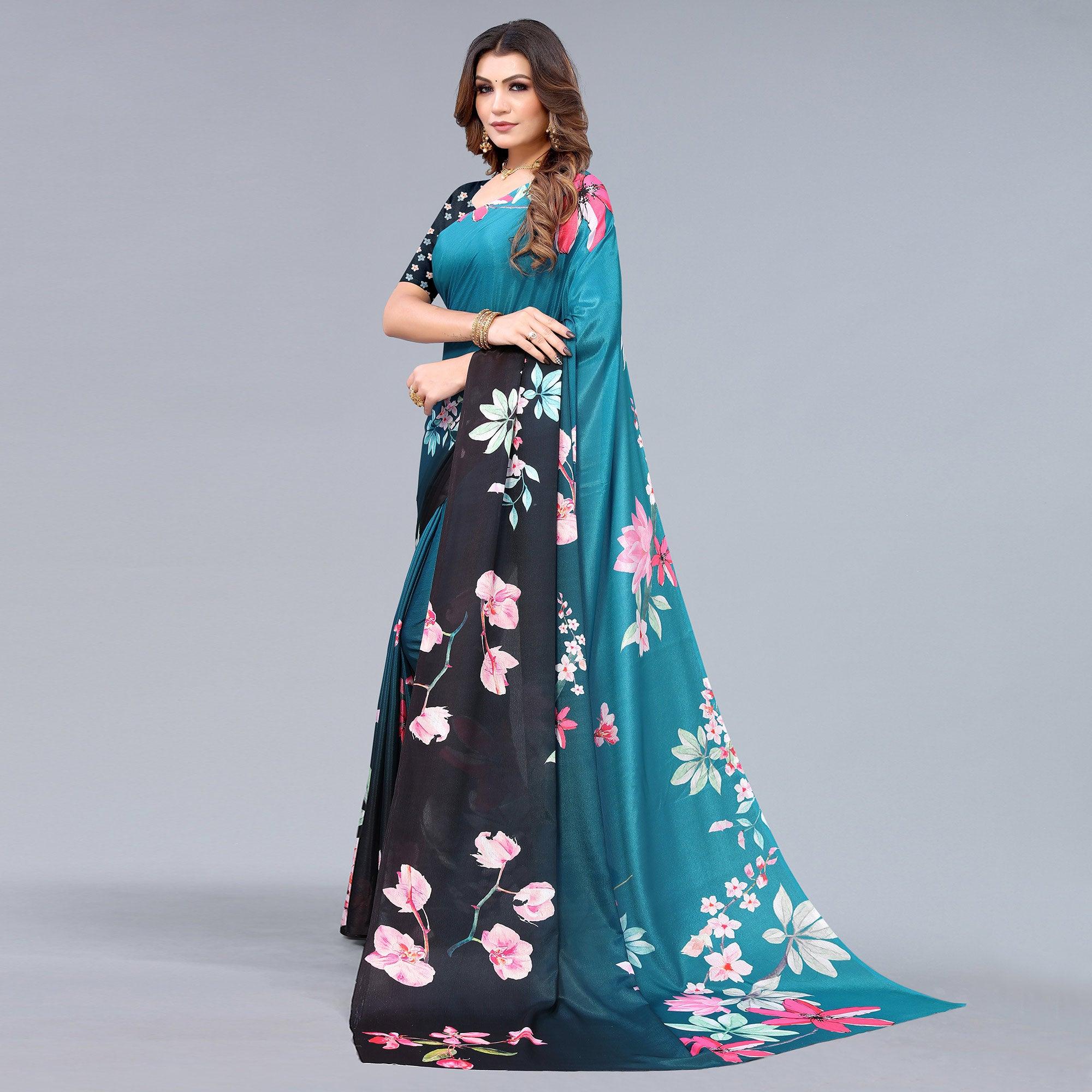 Blue-Black Floral Printed Chiffon Saree - Peachmode