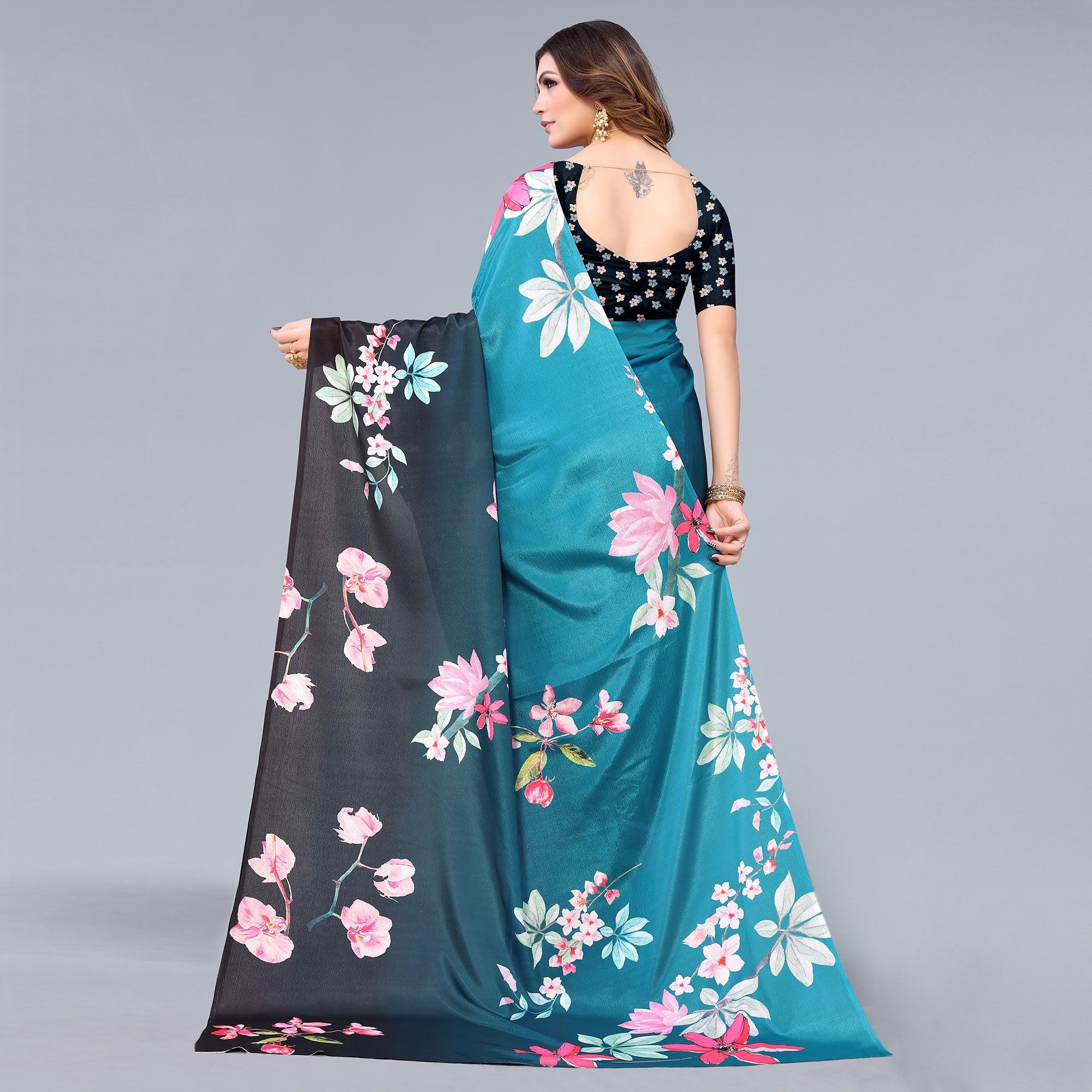 Blue-Black Floral Printed Chiffon Saree - Peachmode