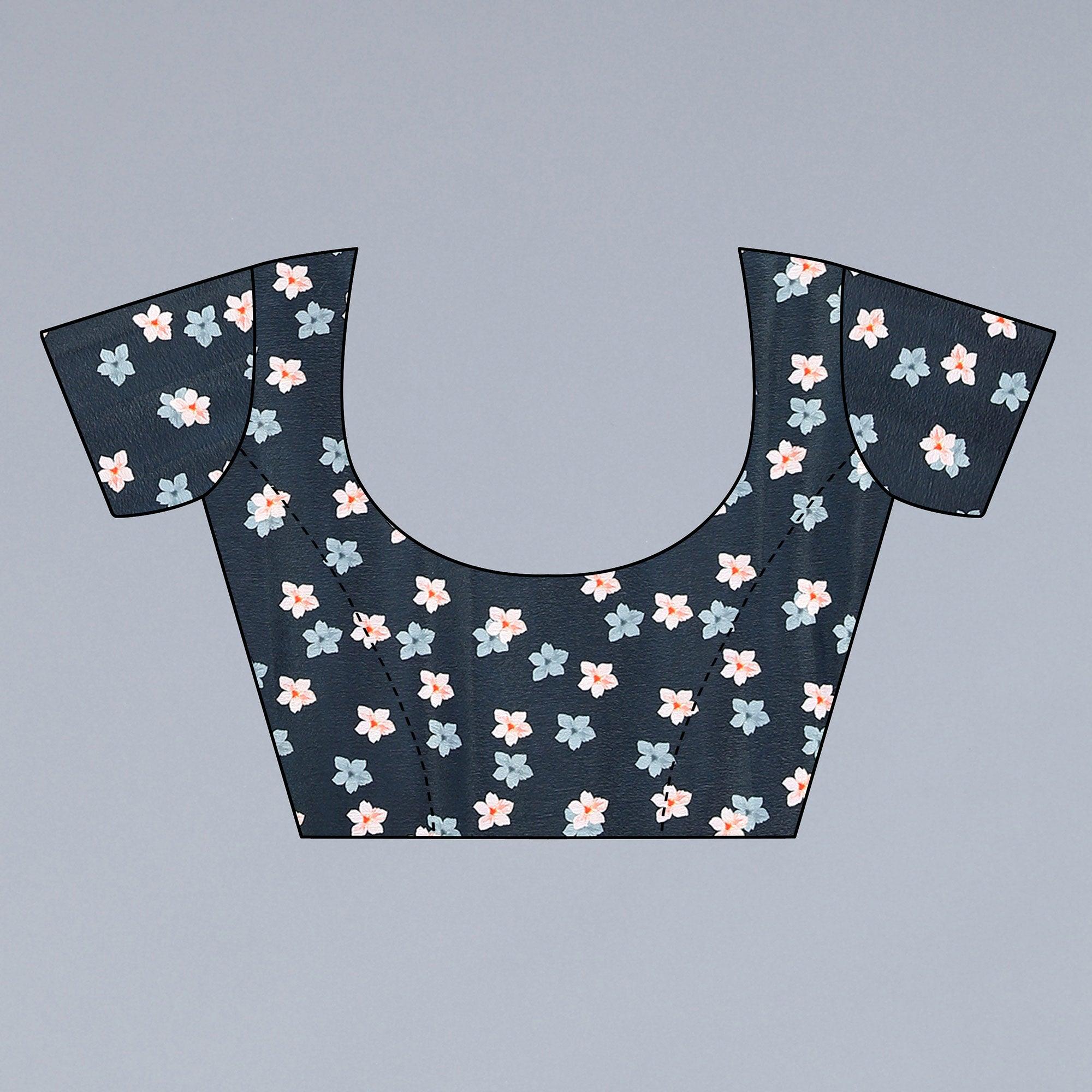 Blue-Black Floral Printed Chiffon Saree - Peachmode