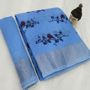Blue Block Printed Linen Saree - Peachmode