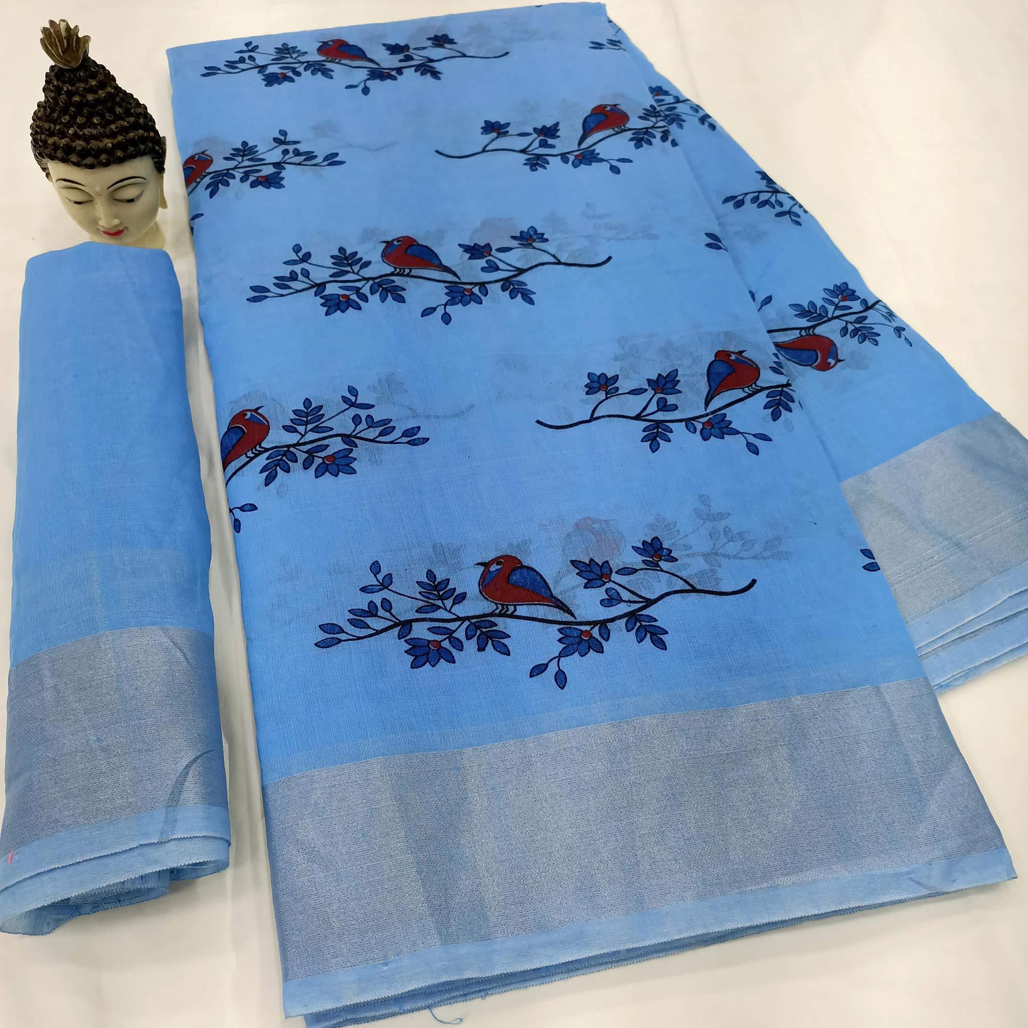 Blue Block Printed Linen Saree - Peachmode