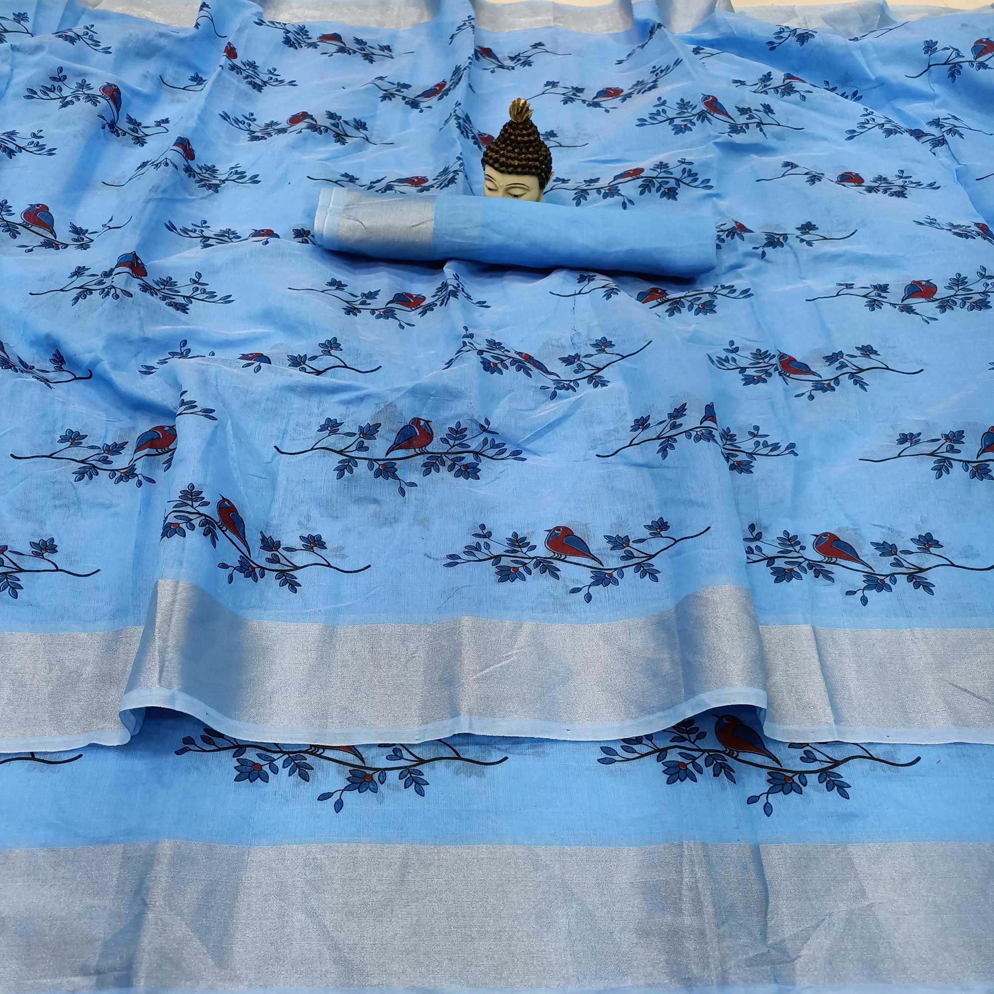 Blue Block Printed Linen Saree - Peachmode