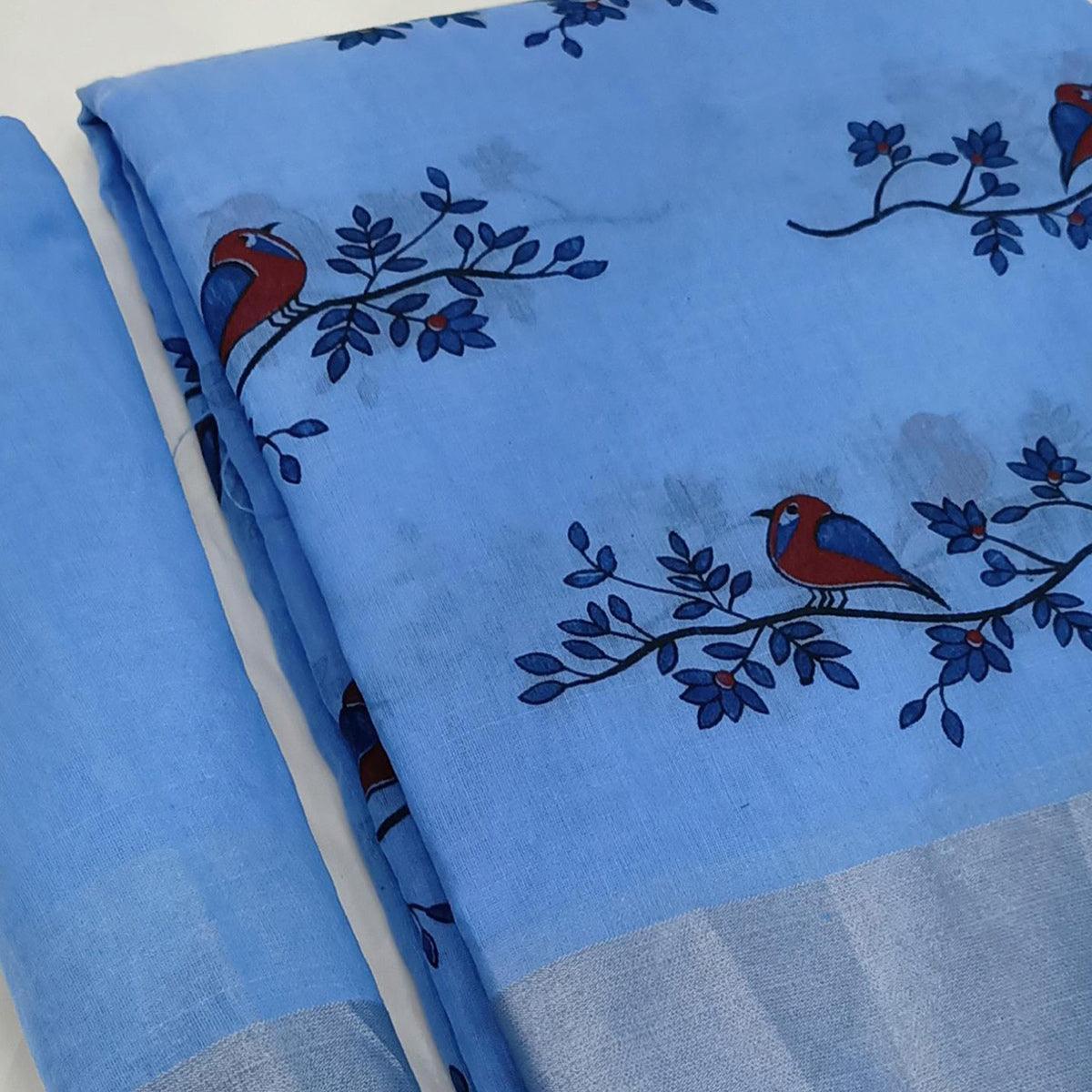 Blue Block Printed Linen Saree - Peachmode