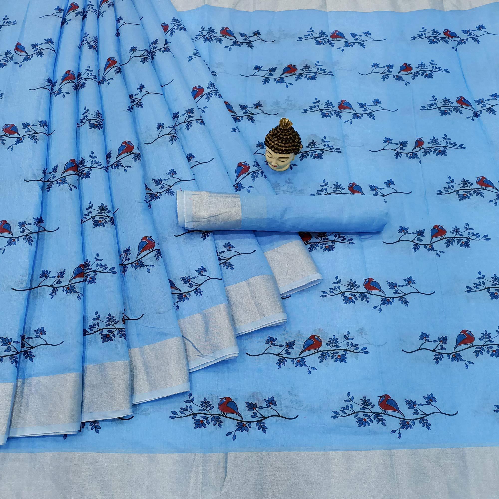 Blue Block Printed Linen Saree - Peachmode