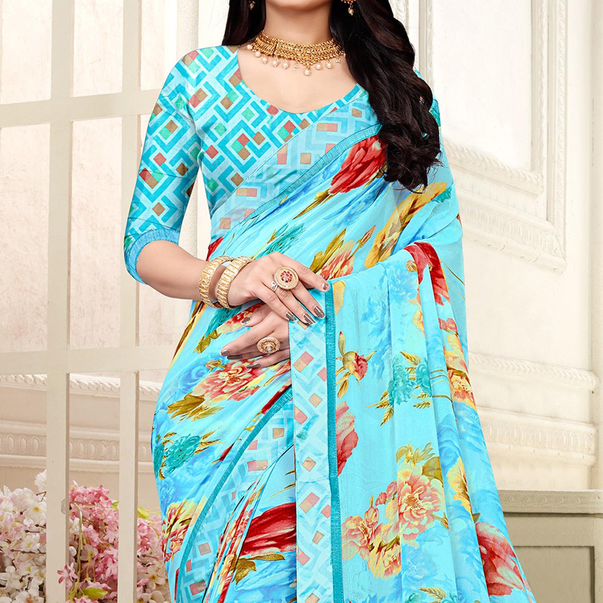 Blue Casaul Wear Floral Printed Georgette Saree With Satin Lace - Peachmode